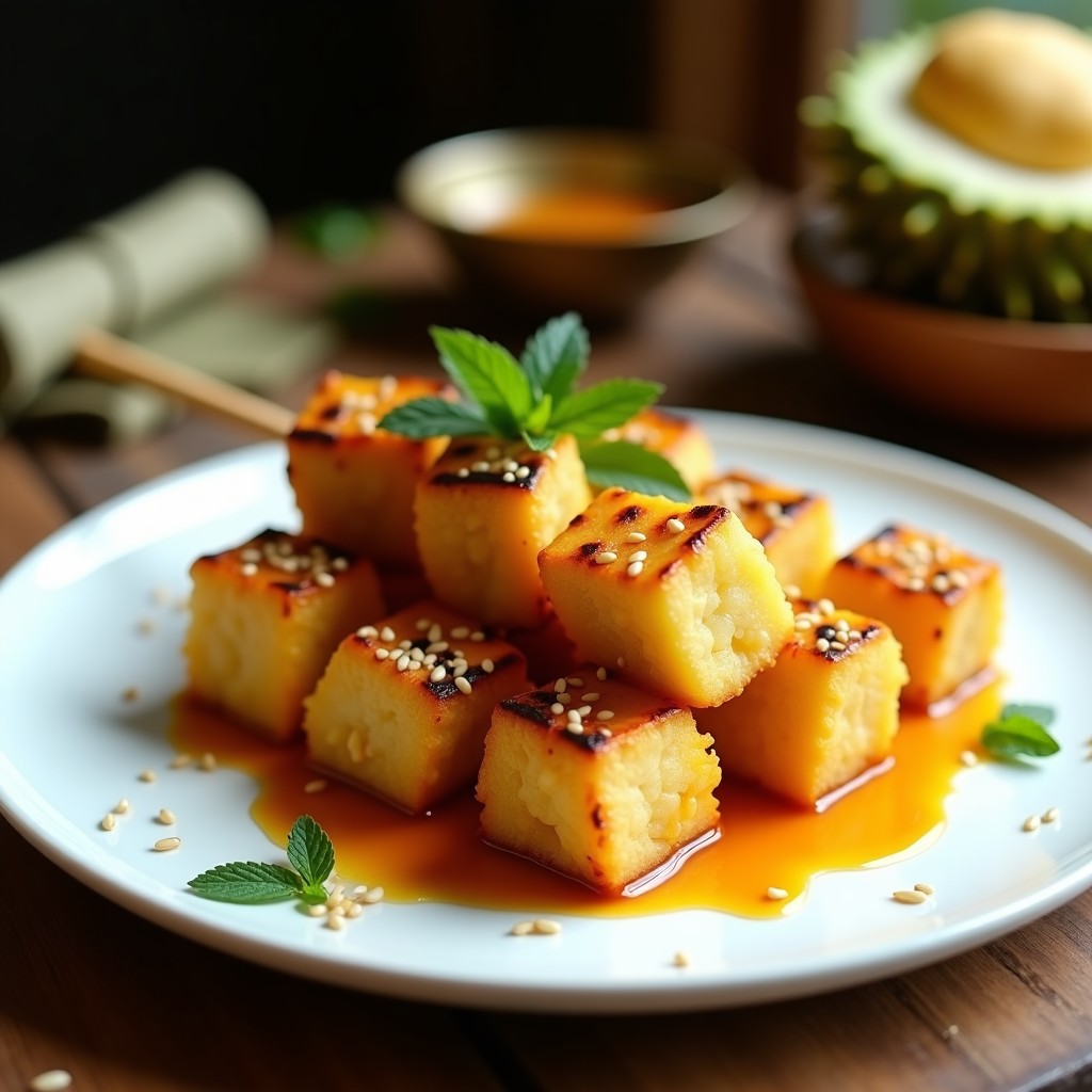 Brochetas de durian asado dorado en palillos de bambú, servidas en plato blanco con salsa de tamarindo brillante y semillas de sésamo espolvoreadas. Postre tailandés en airfryer con hojas de menta fresca.