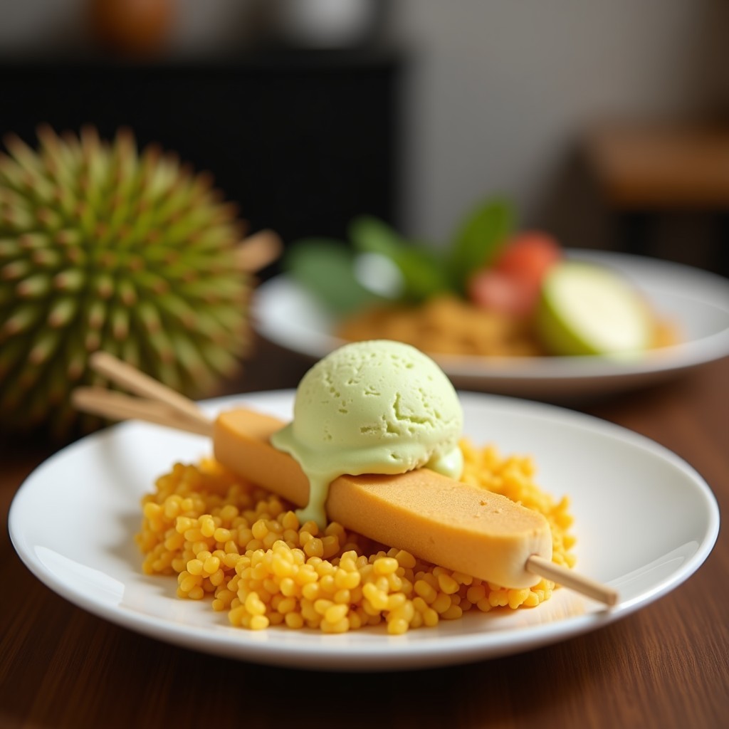 Brochetas de Durian y Coco: Postre Exótico Tailandés con Helado de Matcha