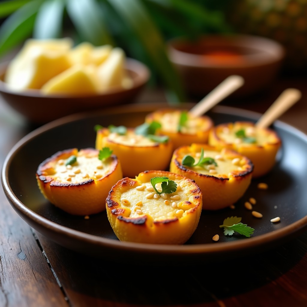 Brochetas doradas de durian cremoso y queso halloumi gratinado en airfryer, alternadas con cebolla morada y pimiento rojo, servidas en plato de madera con salsa espesa de tamarindo y lemongrass, decoradas con hojas de menta.