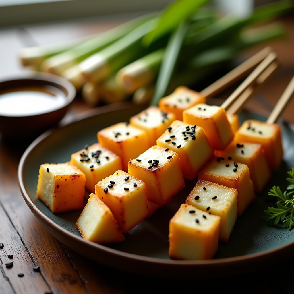 Brochetas de durian y queso azul vegano en airfryer, con trozos dorados de durian cremoso y queso azul desmenuzable, espolvoreadas con semillas de sésamo negro y miel de agave brillante, servidas sobre un plato de madera oscura con fondo de hojas de limoncillo.