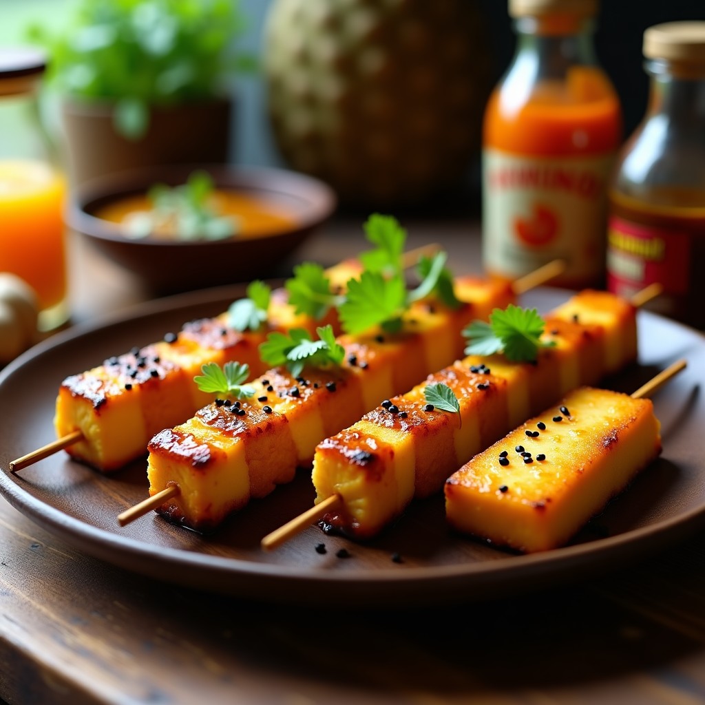 Brochetas de durian y tofu doradas en airfryer, con glaseado brillante de tamarindo, semillas de sésamo negro y cilantro fresco, sobre fondo rústico de madera oscura.