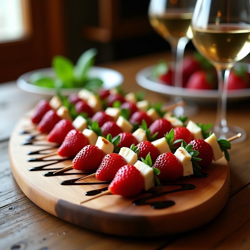 Brochetas de Fresas, Queso de Cabra y Albahaca con Reducción de Vinagre Balsámico: Aperitivo Elegante en 10 Minutos