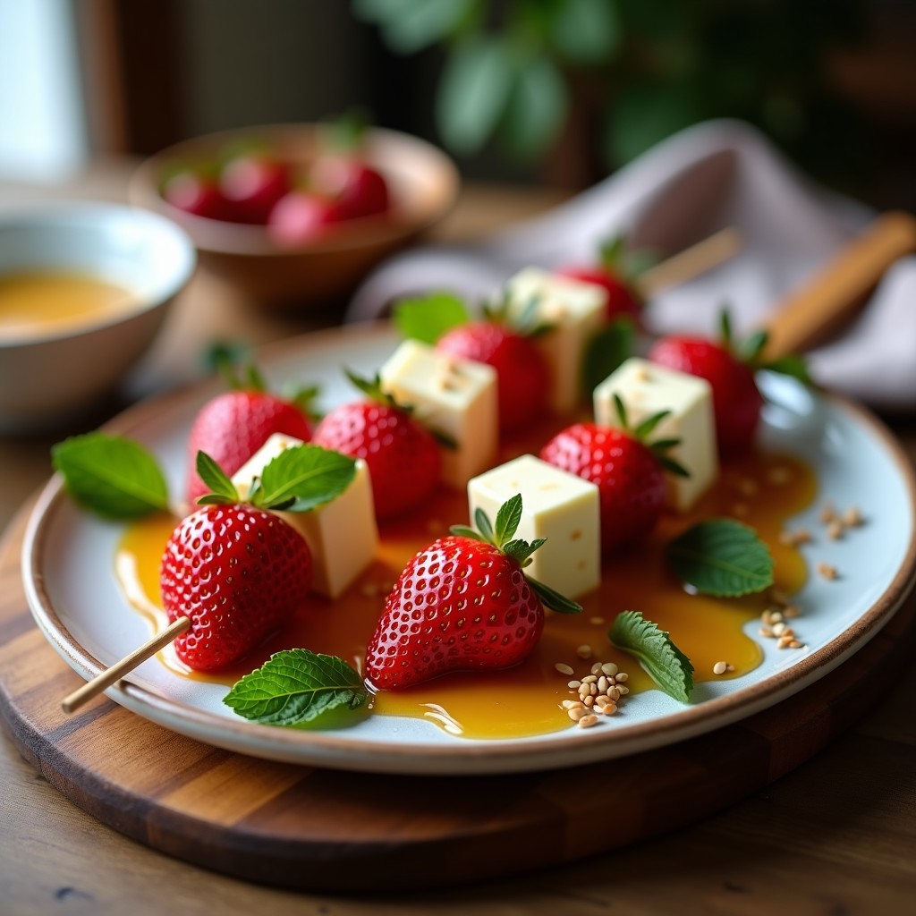 Brochetas de fresas rojas brillantes y queso de cabra blanco en cubos, dispuestas en círculo sobre una tabla de madera oscura, con hilos de miel de agave dorada, semillas de sésamo negro y hojas de menta fresca como decoración. Postre rápido sin horno.