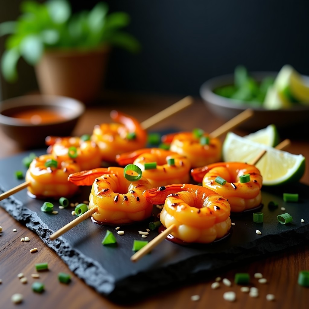 Brochetas de gambas y mango doradas en airfryer, con reducción brillante de chile habanero, decoradas con semillas de sésamo y cebollino fresco sobre fondo oscuro.
