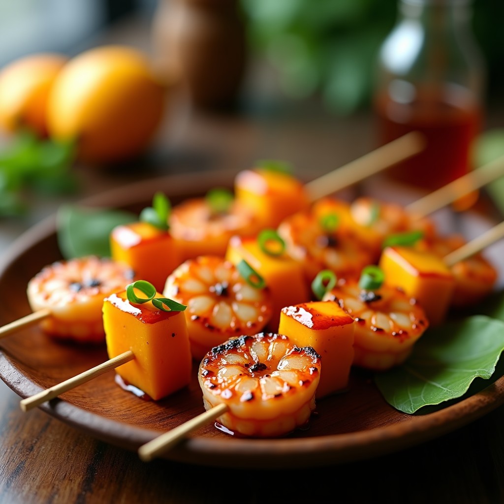 Brochetas doradas de gambas y cubos de mango caramelizado en palillos de bambú, con glaseado brillante de sriracha y miel, servidas sobre un plato de madera con cebollino fresco. Receta thai en airfryer.
