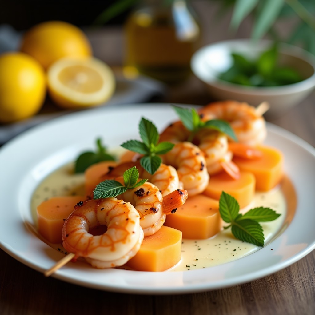 Brochetas de gambas rosadas y jugosas con cubos de melón cantalupo dorados al grill, servidas en una fuente de madera rústica con salsa de menta y limón verde esparcida por encima. Decoradas con hojas de menta fresca y rodajas de limón al fondo.