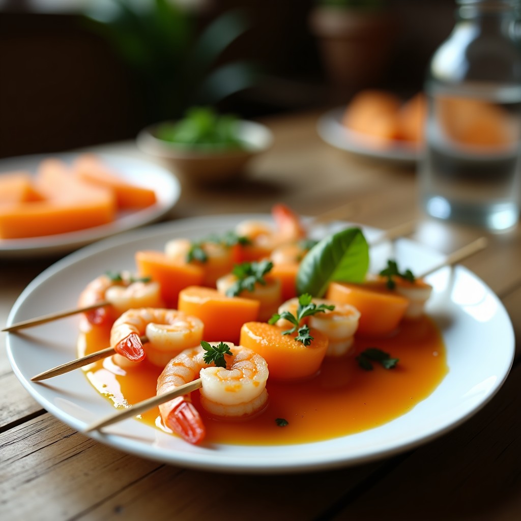 Brochetas de gambas rosadas y melón cantalupo dorado en palillos de bambú, servidas sobre una tabla de madera rústica con un cuenco de salsa de verbena cremosa y hojas frescas de verbena como decoración. Receta francesa en airfryer.