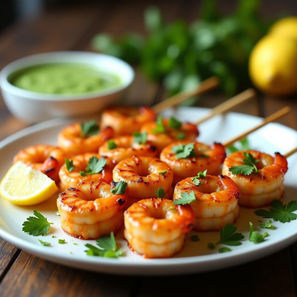 Brochetas de gambas doradas y jugosas en palillos de bambú, servidas sobre un plato de cerámica blanca con mojo verde de cilantro y limón al lado. Decoración con rodajas de limón y hojas de cilantro fresco. Receta en airfryer con toque peruano.