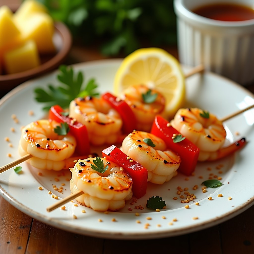 Brochetas de gambas y piña asadas en airfryer, con trozos dorados de piña caramelizada y gambas rosadas, espolvoreadas con semillas de sésamo y cilantro fresco sobre un plato blanco rústico.