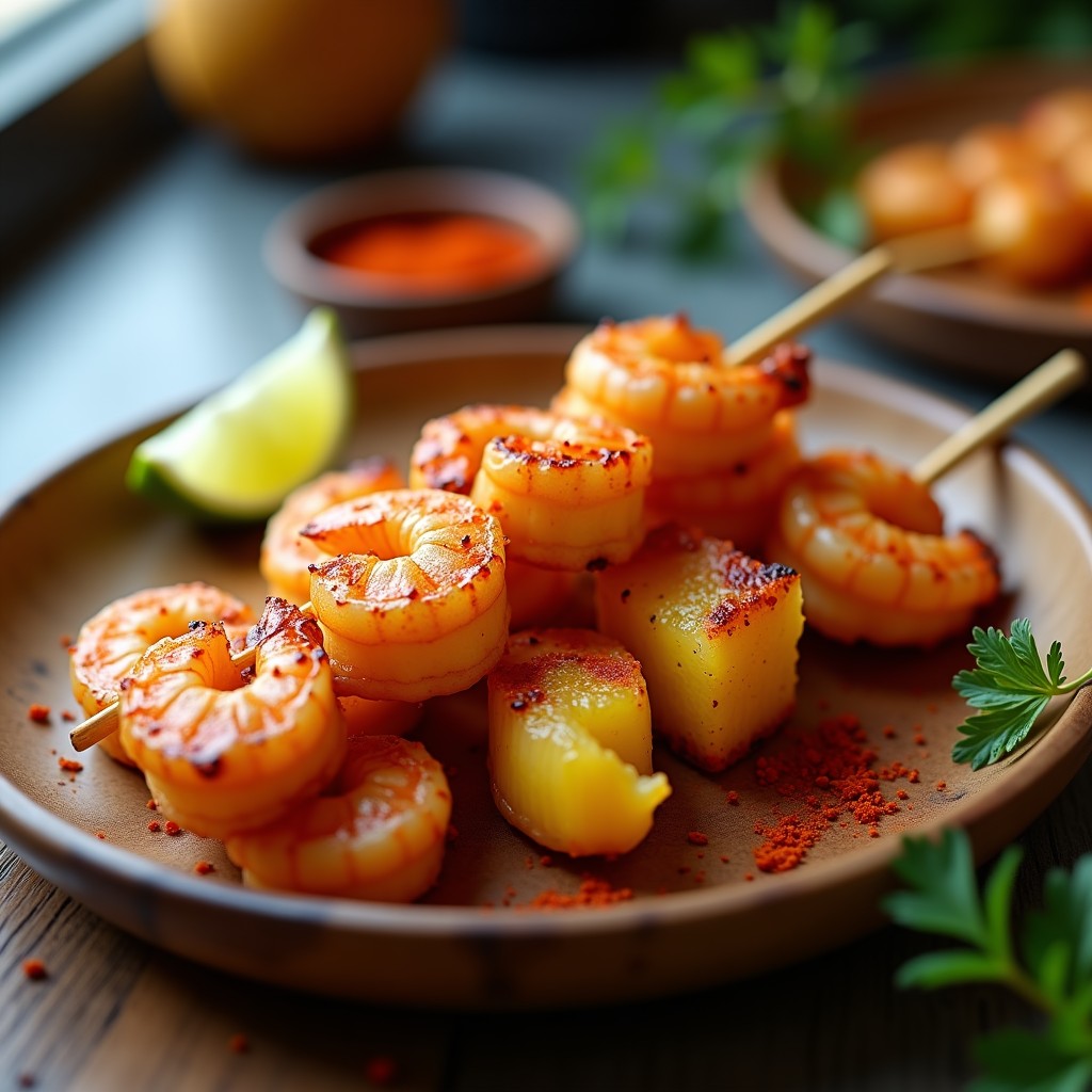 Brochetas de gambas y piña con especias cajún en airfryer, doradas y crujientes, servidas en plato de madera con fondo borroso de cocina moderna.