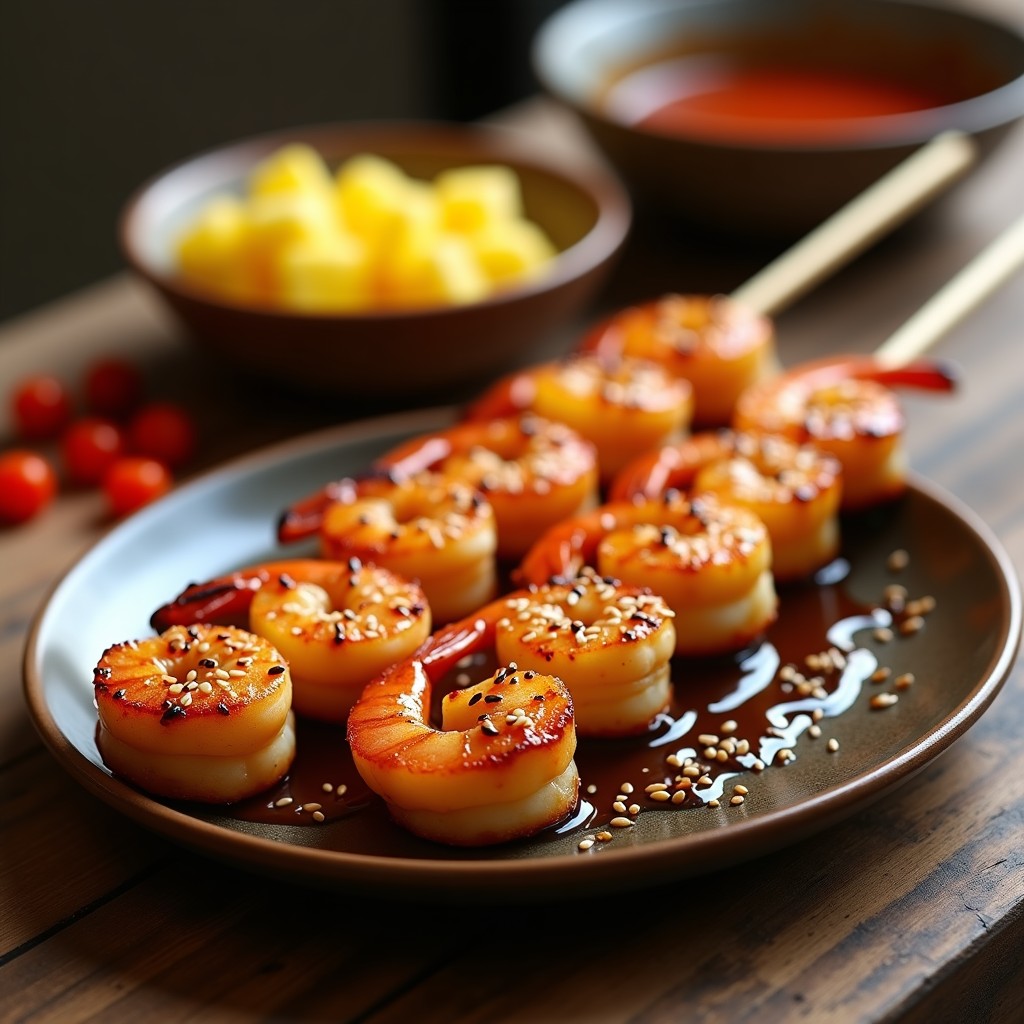 Brochetas de gambas y piña asadas en barbacoa, brillantes por la salsa teriyaki, con semillas de sésamo espolvoreadas y pimiento rojo caramelizado. Plato colorido y apetitoso.
