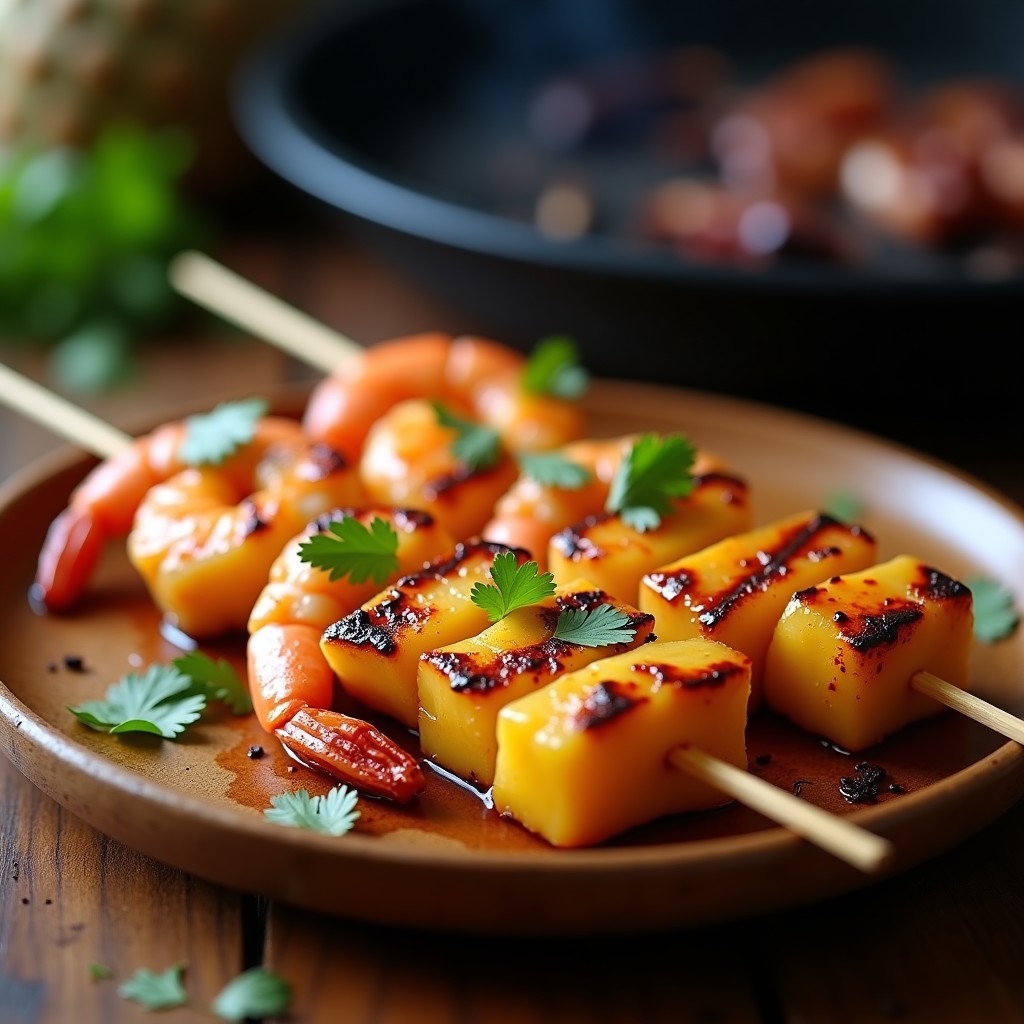Brochetas de gambas rosadas y piña dorada en palillos de madera sobre un grill humeante, bañadas en salsa satay cremosa, con cebollino fresco espolvoreado y fondo de hierbas aromáticas.