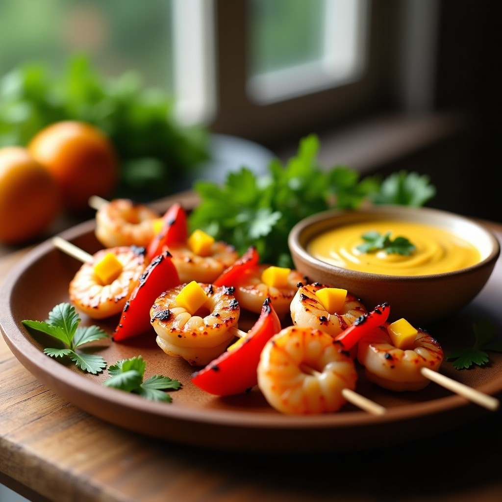 Brochetas de gambas brillantes y jugosas asadas a la parrilla, alternadas con trozos de pimiento rojo, servidas sobre una tabla de madera rústica con un bol de salsa de mango y cilantro de color vibrante a un lado. Platos principales internacionales con toques tropicales.