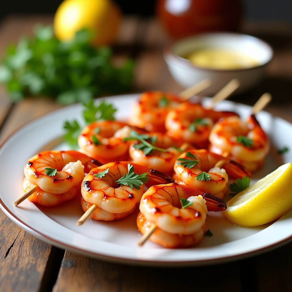 Brochetas de gamberones al ajillo con pimentón en airfryer, doradas y jugosas, servidas en un plato de cerámica blanca con limón y perejil fresco. Receta española sin aceite y alta en proteínas.