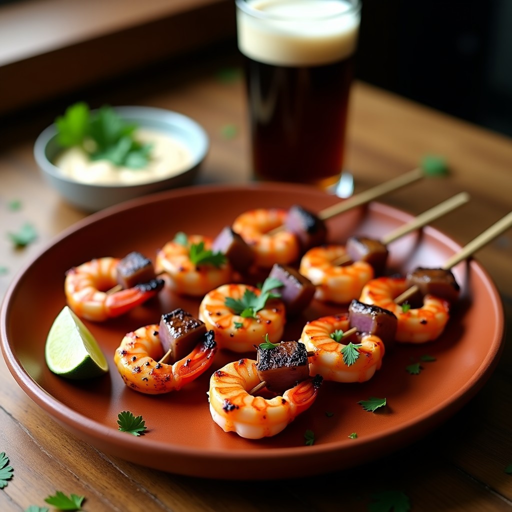 Brochetas de gamberones dorados marinados en cerveza negra, con trozos de pimiento rojo y cebolla morada, servidas en plato de barro con cilantro fresco y rodaja de limón verde. Receta mexicana en airfryer.