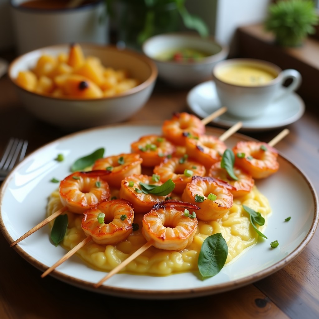 Brochetas de gamberones y piña al curry tailandés en airfryer, con salsa de coco cremosa y cilantro fresco espolvoreado, servidas sobre plato blanco con fondo de madera rústica.