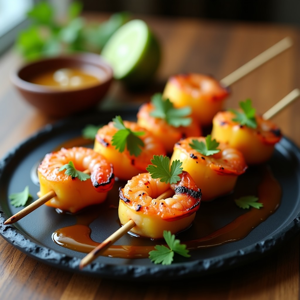 Brochetas doradas de gamberones y piña caramelizada en palillos de madera, servidas sobre un plato negro con salsa de tamarindo brillante y cilantro fresco espolvoreado. Fondo borroso con limón y aceite de sésamo.