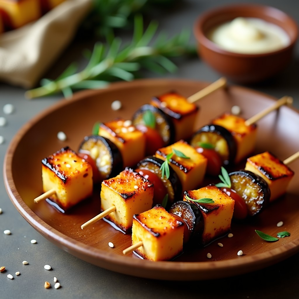 Brochetas doradas de queso halloumi y berenjena asada en airfryer, bañadas en miel de dátil brillante, sobre un plato de madera rústico con hierbas frescas y pimentón ahumado espolvoreado.