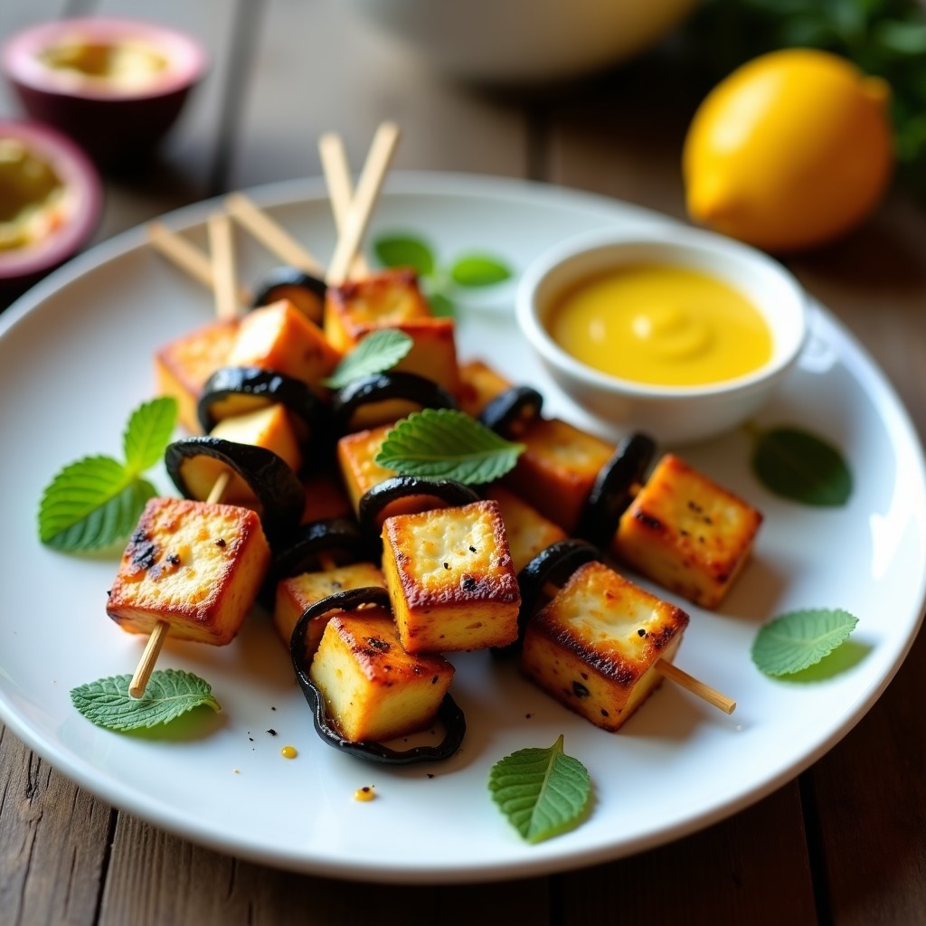 Brochetas doradas de queso halloumi y berenjena asada en airfryer, servidas en plato blanco con salsa cremosa de granadilla y hojas de menta fresca. Entrante vegetariano mediterráneo con toque tropical.