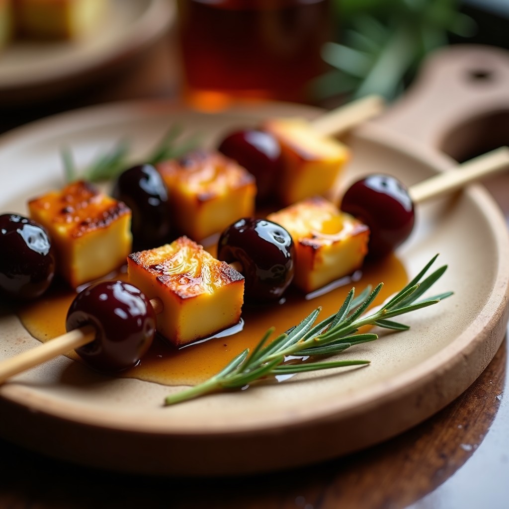 Brochetas doradas de queso halloumi crujiente y ciruelas pasas brillantes, colocadas sobre una tabla de madera rústica con romero fresco y un hilo de miel de tomillo. Entrante griego saludable y apetitoso.