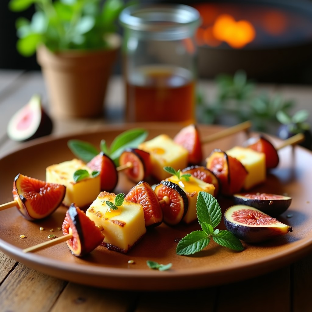 Brochetas doradas en grill con cubos de queso halloumi y higos caramelizados, servidas en plato de madera con hojas de menta fresca y miel goteando.
