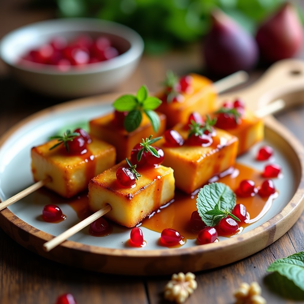 Brochetas doradas de queso halloumi y higos caramelizados dispuestas en una fuente de madera, bañadas en vinagreta de granada y decoradas con semillas rojas de granada y hojas de menta fresca. Plato de aperitivo griego gourmet con contraste de colores vibrantes y texturas cremosas.