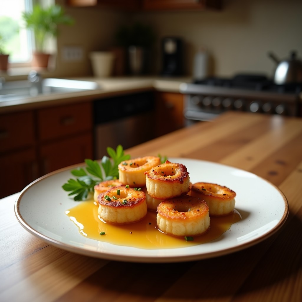 Brochetas doradas de queso halloumi y higos frescos en palillos de madera, bañadas en miel brillante y decoradas con hojas de menta y semillas de sésamo, sobre un plato blanco rústico con fondo de madera clara.