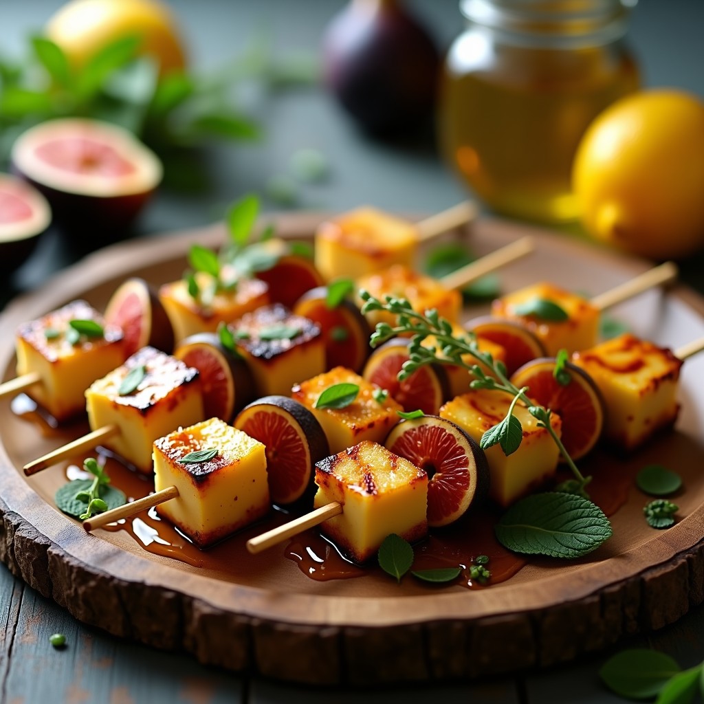 Brochetas doradas de queso halloumi y higos frescos en palillos de madera, rociadas con miel de tomillo brillante y decoradas con semillas de sésamo y hojas de tomillo, sobre un plato de cerámica blanca con fondo de grill humeante.