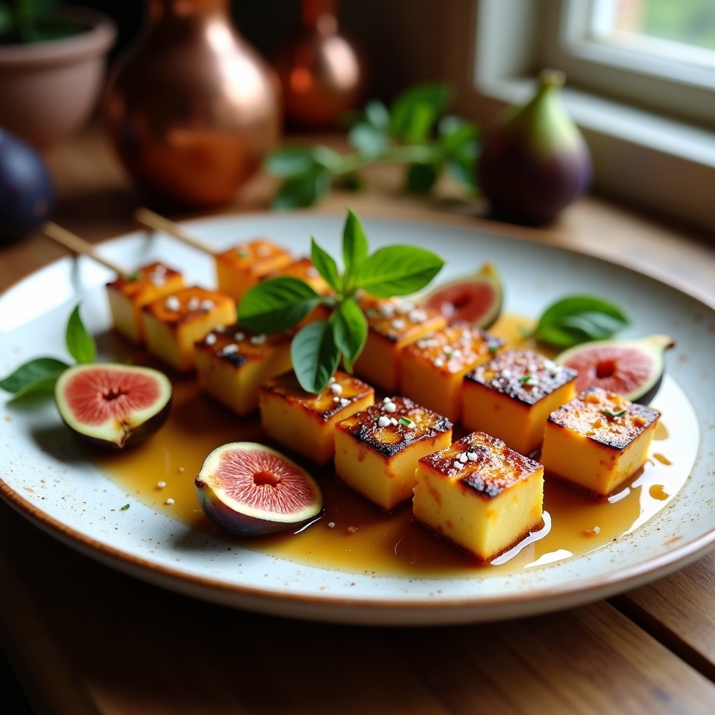 Brochetas doradas de queso halloumi crujiente y higos frescos en cuartos, bañadas en miel de trufa brillante, sobre un plato de cerámica blanca con hojas de albahaca fresca y sal en escamas. Fondos borrosos de una cocina rústica con luz natural.