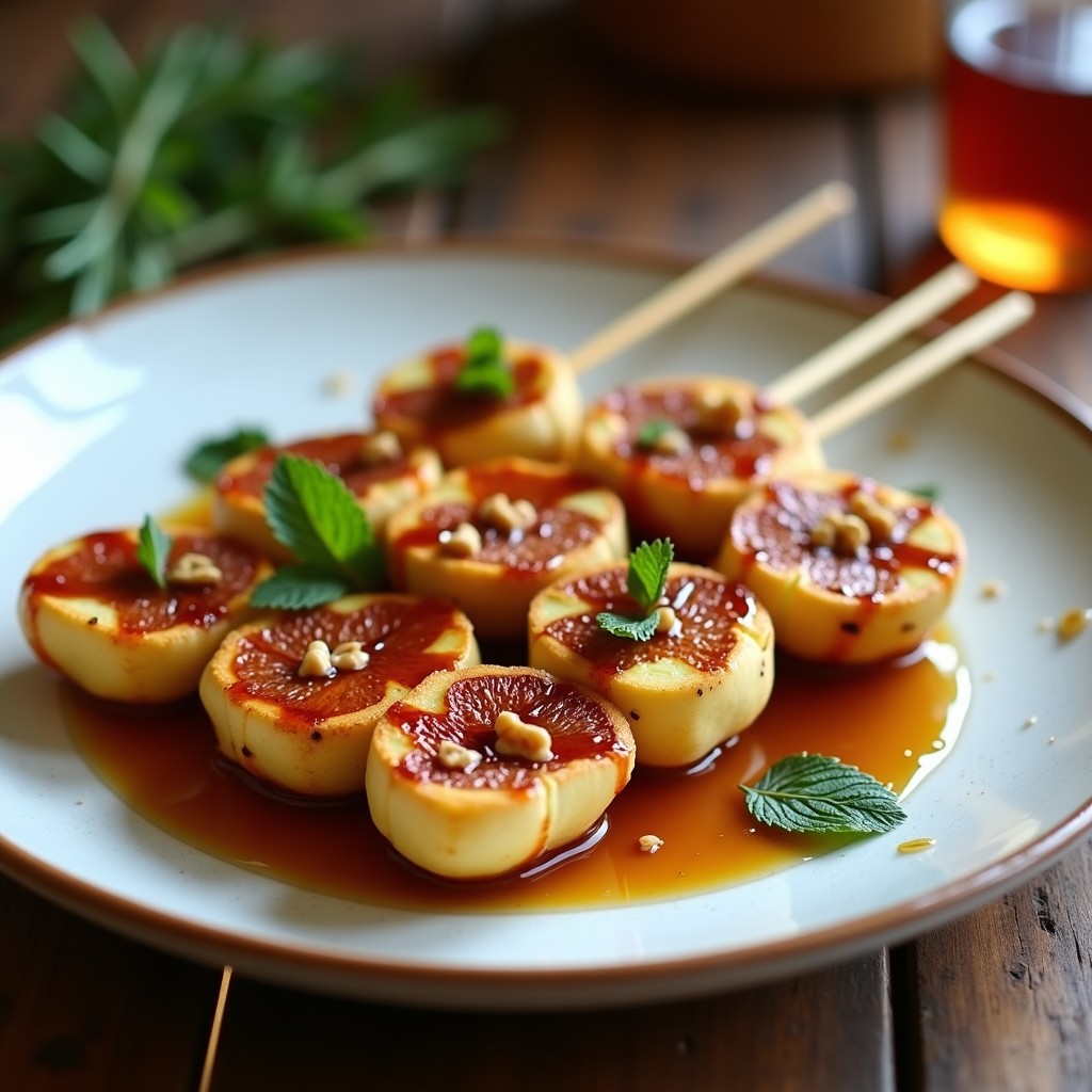Brochetas doradas de queso halloumi y higos frescos en palillos de madera, bañadas en reducción brillante de miel y vinagre balsámico, decoradas con almendras fileteadas y hojas de menta sobre un plato blanco rústico.