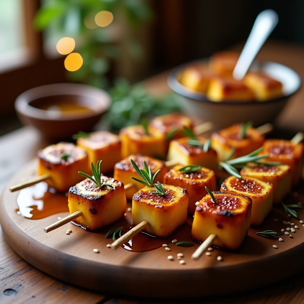 Brochetas doradas de queso halloumi y higos asados en airfryer, bañadas en miel de Granada brillante, con semillas de sésamo y romero fresco sobre fondo rústico de madera. Plato listo para servir con toques de sal Maldon.
