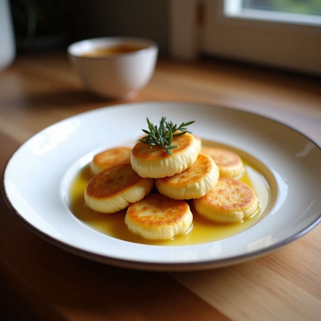 Brochetas de halloumi y melocotón doradas a la parrilla, glaseadas con miel de lavanda y decoradas con hojas de menta fresca sobre un plato de madera rústico, aperitivo chipriota gourmet.