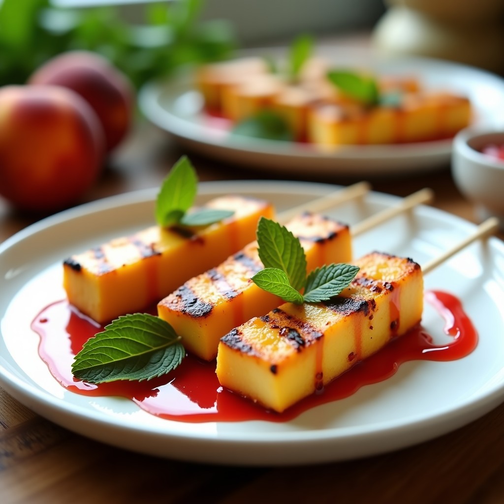 Brochetas de halloumi dorado y melocotón jugoso en una fuente de madera, bañadas con reducción brillante de vinagre de frambuesa. Decoradas con frambuesas frescas y hojas de menta, sobre un fondo de verano con luz natural.
