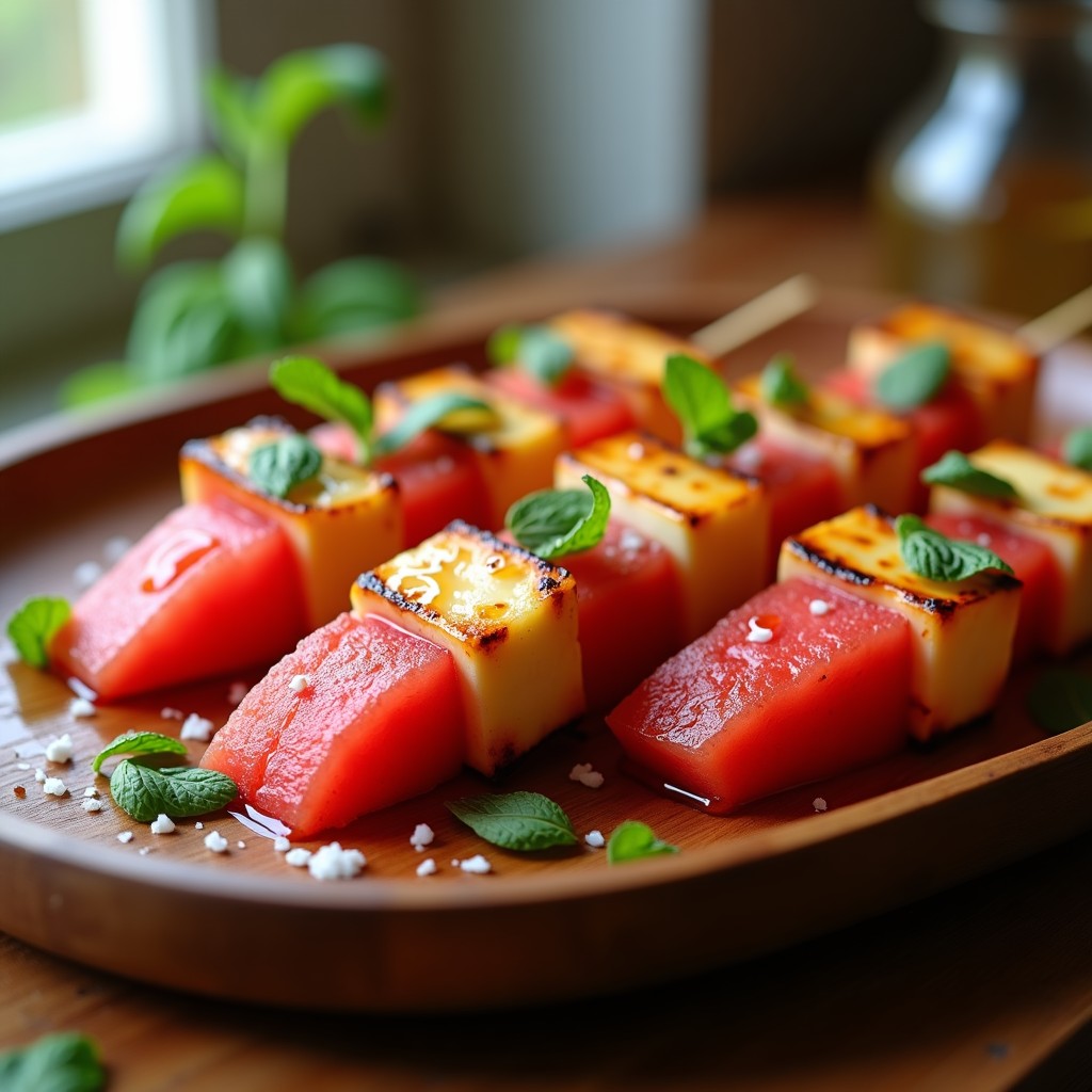Brochetas de halloumi dorado y sandía roja en cubos, bañadas en glaseado brillante de miel y menta, servidas en bandeja de madera con hojas de menta fresca y sal marina en escamas. Aperitivo griego refrescante y viral.