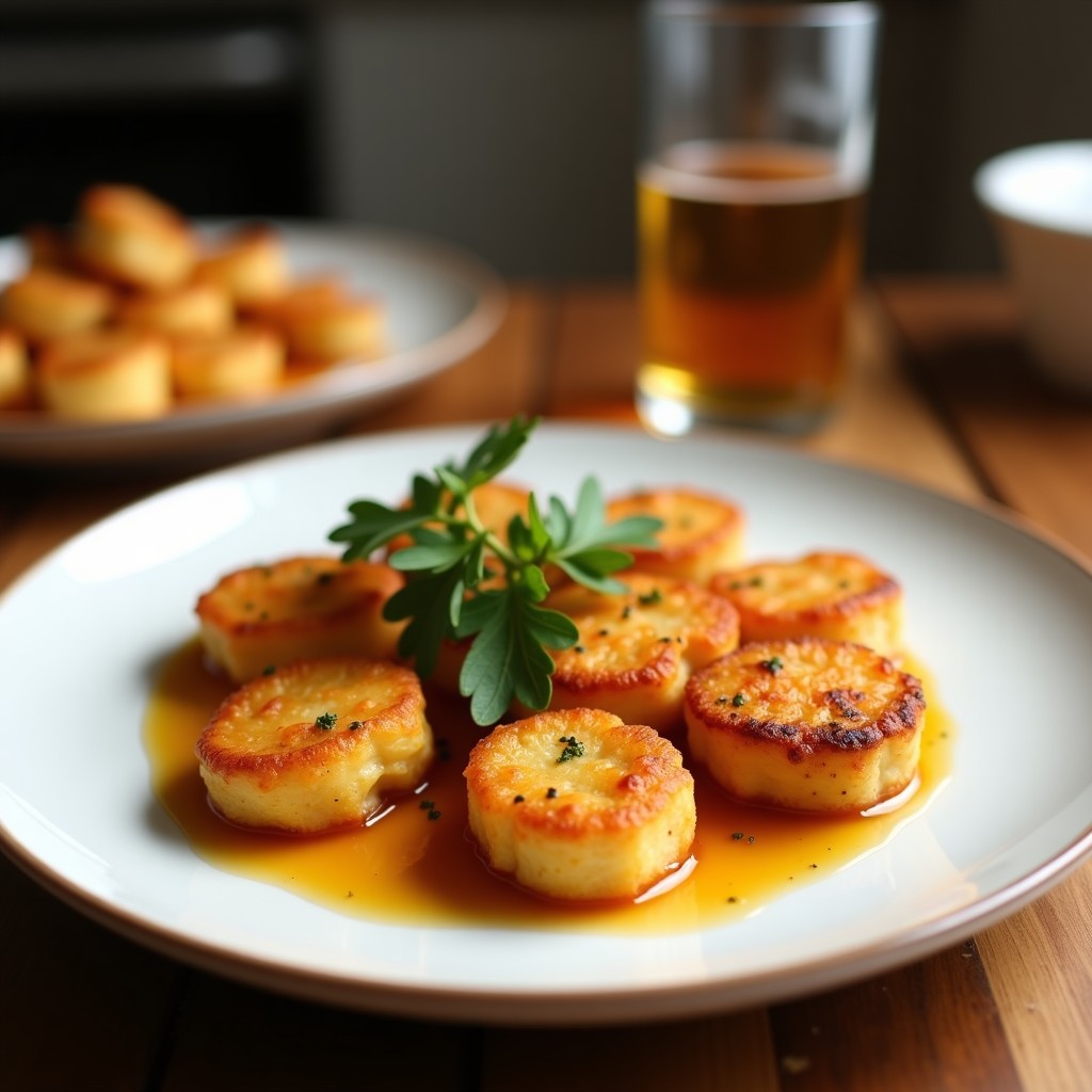 Brochetas de queso halloumi dorado y sandía roja jugosa alternados en palillos de madera, acompañadas de una salsa cremosa honey mustard en un bol pequeño. Decoradas con hojas de menta fresca sobre una bandeja de madera rústica, con fondo desenfocado de cocina veraniega.