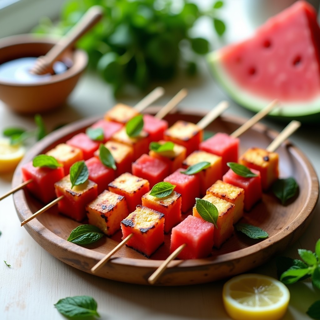 Brochetas de queso halloumi dorado y sandía roja en cubos, alternados con hojas de menta fresca, servidas en una bandeja de madera rústica con fondo de hojas verdes y limones cortados. Plato refrescante y colorido típico de Chipre.