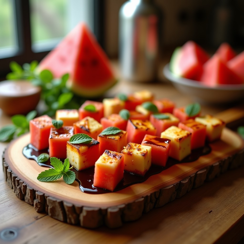 Brochetas de halloumi dorado y sandía fresca en palillos de madera, bañadas con reducción brillante de vinagre balsámico y miel, decoradas con hojas de menta. Plato de aperitivo verano gourmet sobre fondo rústico.