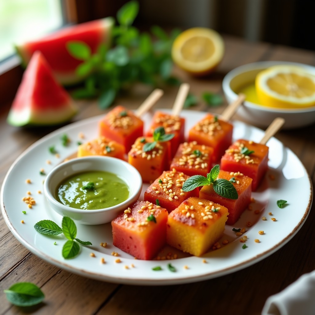 Brochetas de queso halloumi dorado y sandía roja en palillos de madera, servidas en plato blanco con salsa cremosa de menta verde al lado. Receta de verano en airfryer, fresca y colorida.