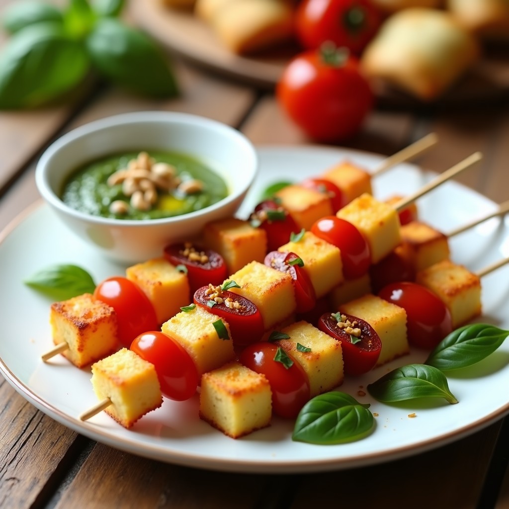 Brochetas doradas de queso halloumi y tomates cherry rojos asados en airfryer, servidas en plato blanco con pesto de albahaca verde brillante y piñones. Receta de brochetas halloumi tomates cherry pesto albahaca airfryer.