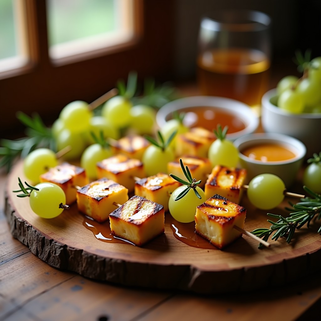 Brochetas doradas de queso halloumi y uvas verdes en una fuente de madera, bañadas con salsa brillante de miel y romero, con hojas de romero fresco como decoración. Aperitivo dulce-salado listo para servir.