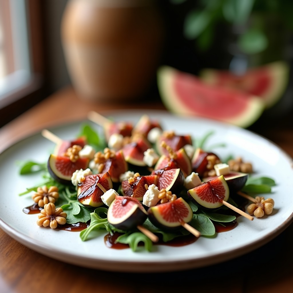 Brochetas de higo y queso azul con reducción de vinagre de Módena servidas en plato blanco, decoradas con hojas de menta y nueces, con un cuenco de reducción brillante al lado.