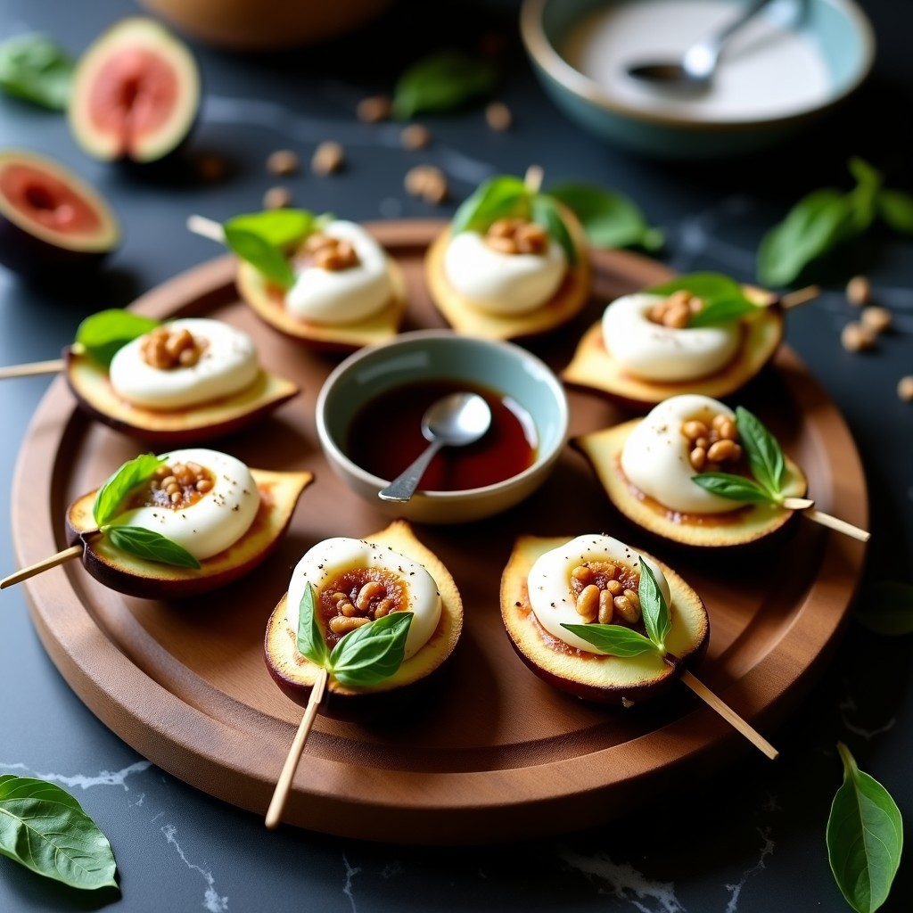 Brochetas de higo fresco abierto rellenas de queso burrata cremoso, albahaca fresca y nueces tostadas, servidas en una fuente de madera con reducción de miel de trufa negra brillante y virutas de trufa. Aperitivo italiano gourmet.