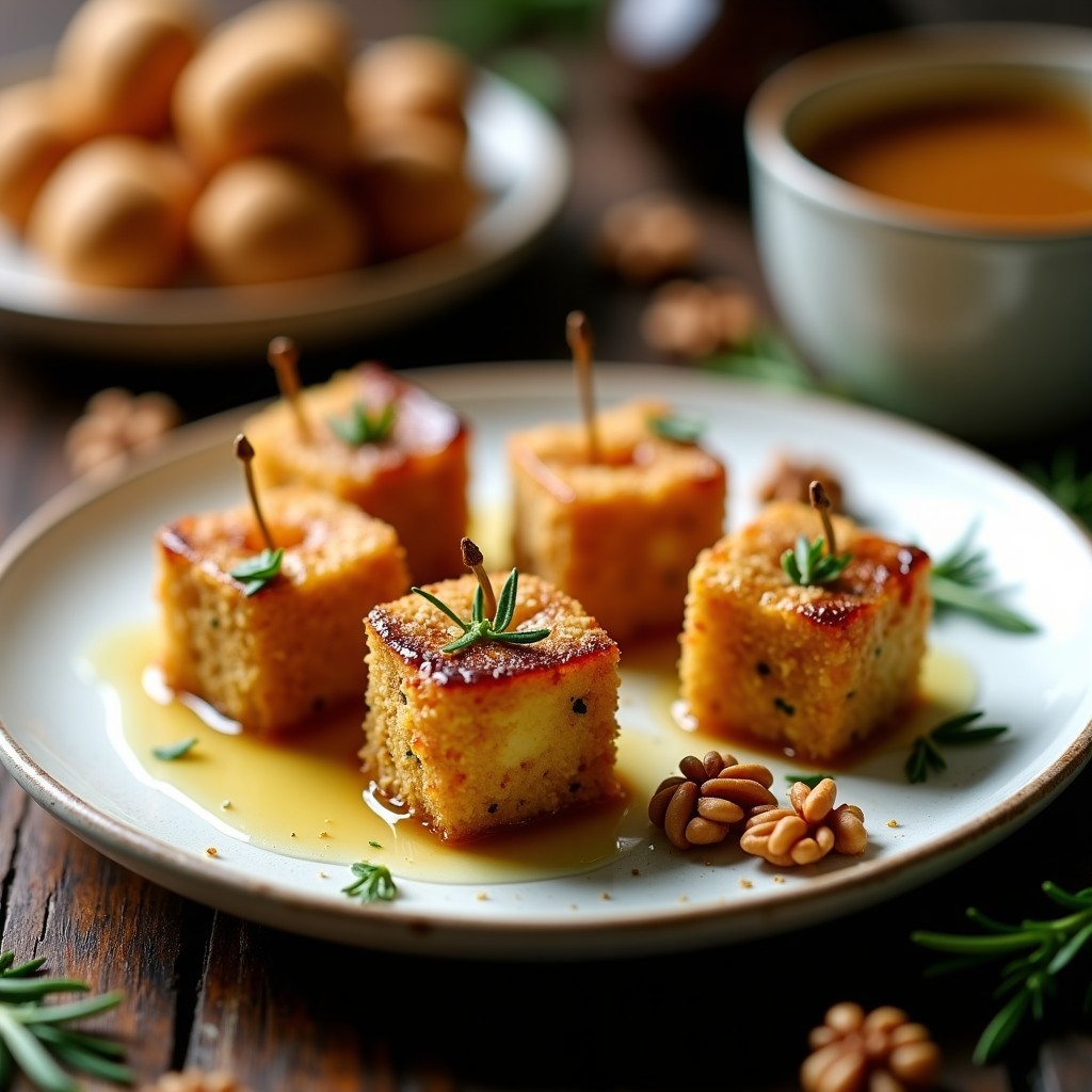 Brochetas doradas de higo y queso de cabra en plato rústico, bañadas con miel de romero y espolvoreadas con almendras fileteadas, con fondo de romero fresco y luz natural.