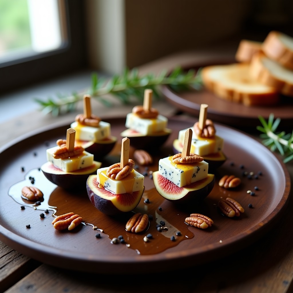Brochetas gourmet de higos frescos abiertos, cubos de blue cheese cremoso y nueces pecanas tostadas, bañadas en miel de castaño brillante, sobre fondo rústico de madera con hojas de romero.