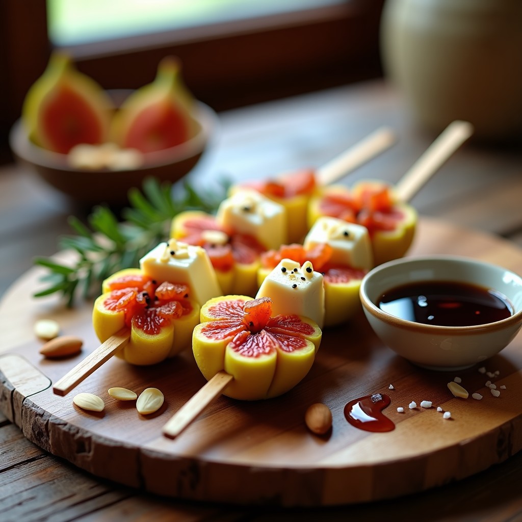 Brochetas elegante de higos frescos abiertos en forma de flor y cubos de queso de almendras cremoso, decoradas con almendras fileteadas tostadas, sal en escamas y pimienta negra, servidas en bandeja de madera con reducción de vinagre balsámico brillante al lado.