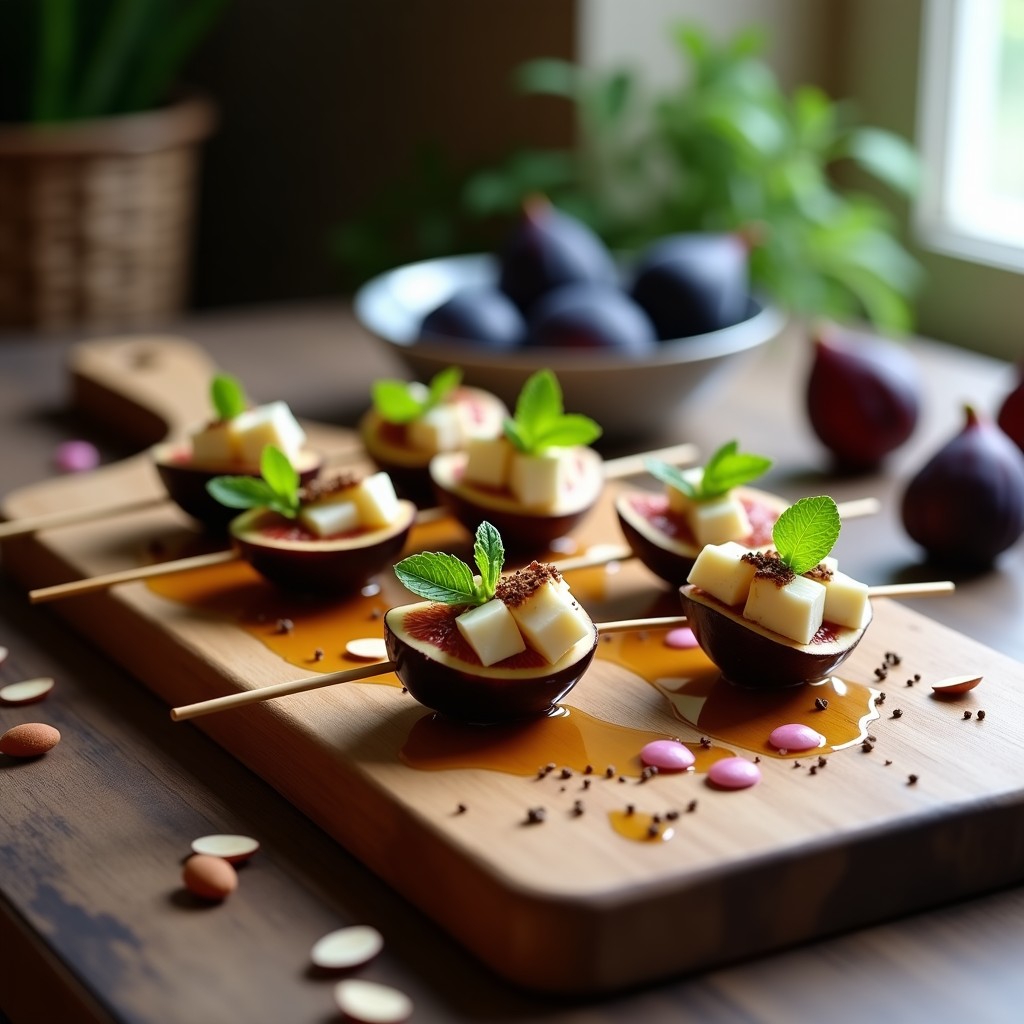 Brochetas de higos frescos abiertos en forma de flor con cubos de queso azul cremoso, decoradas con miel de lavanda, pimienta rosa y almendras fileteadas sobre una tabla de madera rústica. Postre francés salado-dulce.