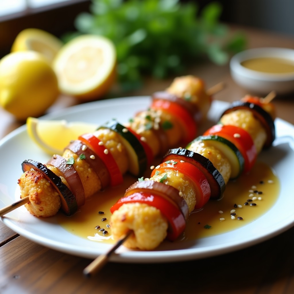 Brochetas doradas de kamut y verduras asadas en airfryer, con trozos de calabacín, pimiento rojo, cebolla morada y tomates cherry, servidas sobre un plato blanco con salsa de limón y ajo espesa y verde por el perifollo, fondo rústico de madera.