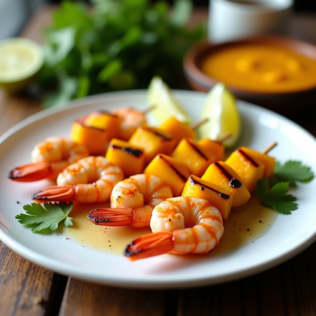 Brochetas de langostino y mango doradas en airfryer, con glaseado brillante de chile y miel, servidas sobre plato blanco con cilantro fresco y rodajas de lima.