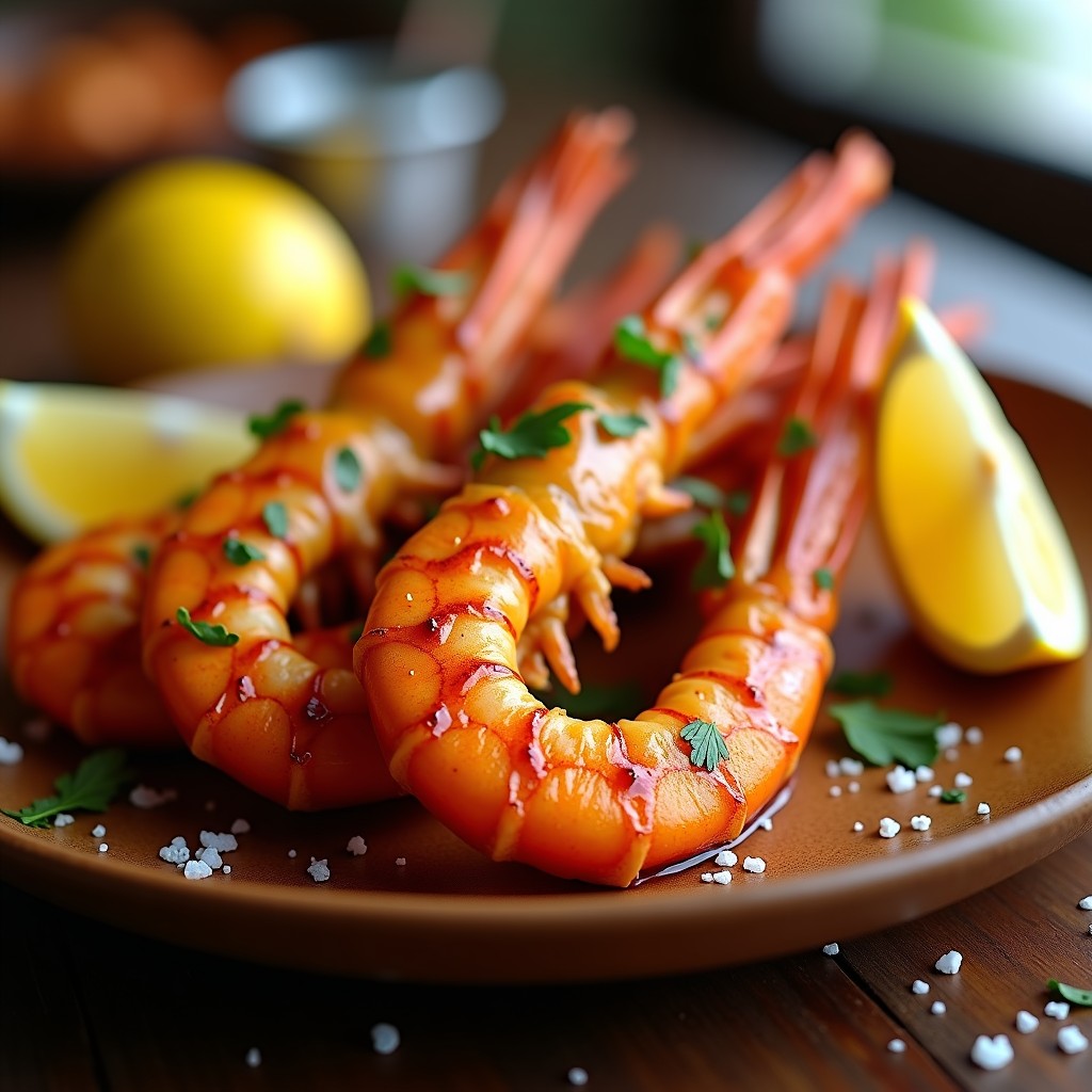 Brochetas de langostinos marinados en ajo negro y limón, cocinadas en airfryer, con un dorado perfecto y perejil fresco espolvoreado, servidas sobre un plato de madera rústico con rodajas de limón.