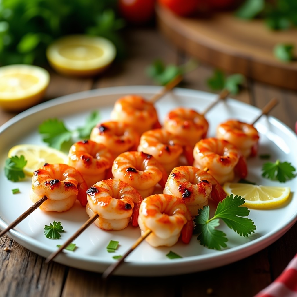 Brochetas de langostinos rosados y jugosos dispuestas en un plato blanco, con trozos de cilantro fresco y rodajas de limón al fondo. Receta de brochetas de langostinos con marinada de limón y cilantro en olla express.